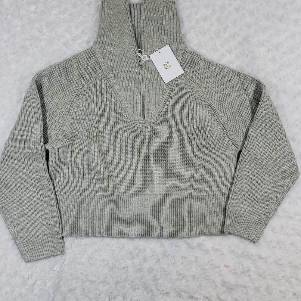 Wayf Womens Cropped Sweater Quarter Zip Knitted Gray Size XL NWT